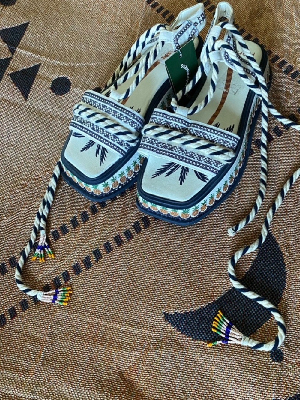 FARM Rio Cream and Navy Embroidered Platform Sandals with Pineapple Trim - Picture 2 of 9